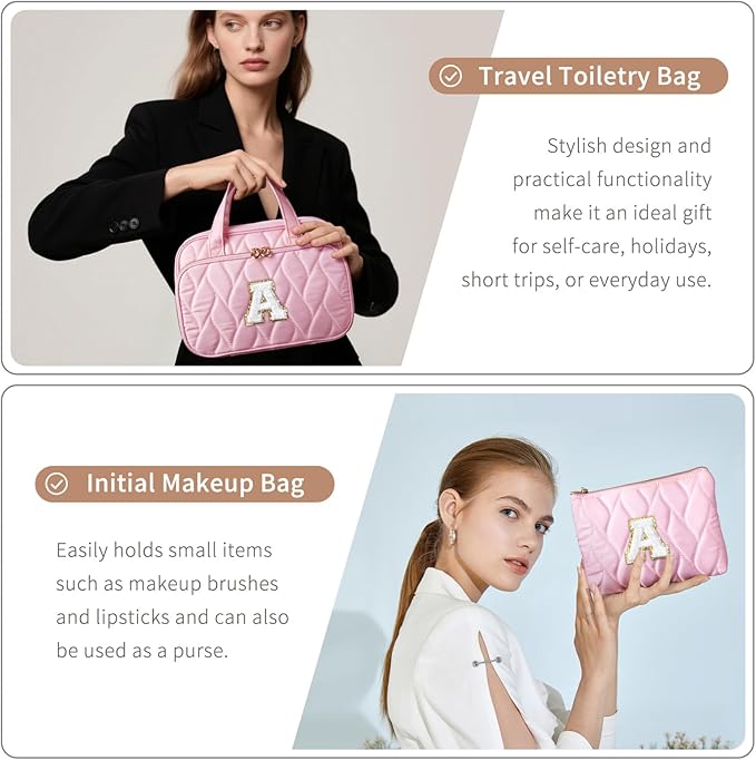 YOOLIFE Travel Toiletry Bag Makeup Bag - Hanging Toiletry Bag for Women, Portable Toiletries Travel Bag and Cosmetic Bag, Airplane Travel Essentials Travel Toiletry Bag - Letter J, Pink