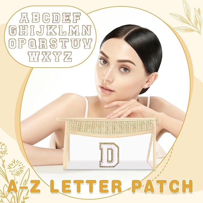 Personalized Initial Letter Bag Boho Straw Clear Makeup Bag,Small Cute Chenille Varsity Letter Bag With Zipper,Beach Travel Toiletry Bag,Portable Monogrammed Cosmetic Bag for Women Girls,D