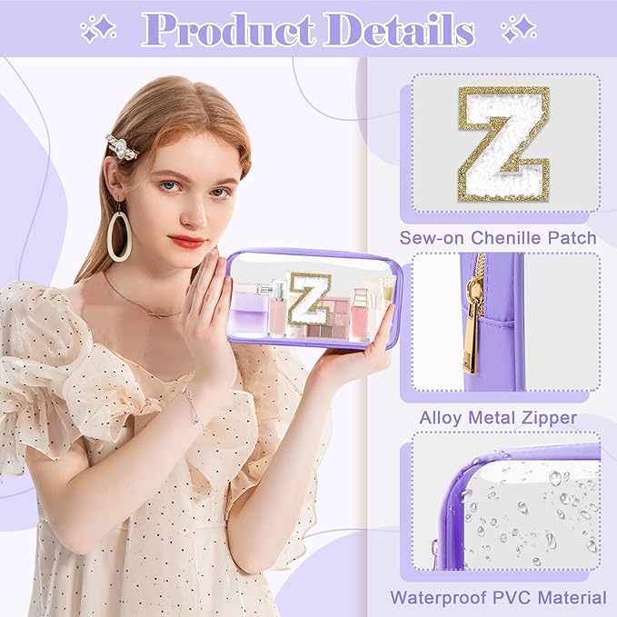 Personalized Initial Letter Clear Makeup Bag,Preppy Small Nylon&PVC Cosmetic Zipper Bag with Chenille Letter,Travel Skincare Toiletry Bag,Monogram Christmas Gift for Teen Girls Women,Z
