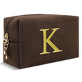 Personalized Initial Makeup Bag,Preppy Suede Cosmetic Bag for Teen Girls,Small Monogram Travel Toiletry Bag With Gold Embroidered Letter,Trendy Stuff Custom Christmas Gift for Women(Coffee-K)