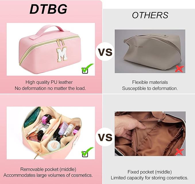 for Christmas Day Gifts, Makeup Bag for Women, PU Leather Travel Toiletry Bags, Initial Make Up Cosmetic Pouch for Teen Girls, Wide Open Portable Skincare Bag, Personalized Birthday Gifts, Pink L