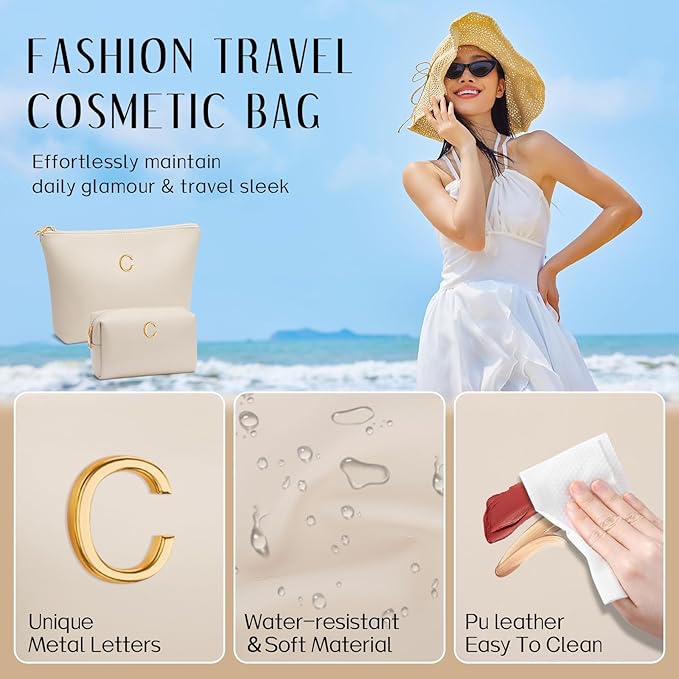 Women Gifts | Initial Makeup Bag Set for Girl Personalized Gifts for Bridesmaid Friend Graduation Teachers PU Leather Cosmetic Travel Toiletry Bag(Beige,C)