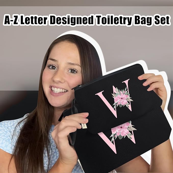 Vavabox A-Z Personalized Makeup Bag, Birthday Gifts for Women Mom, Gifts for Best Friend, Bride Bridesmaid Cosmetic bag (W, 04-Black Set)