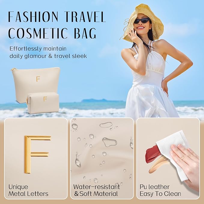 Women Gifts | Initial Makeup Bag Set for Girl Personalized Gifts for Bridesmaid Friend Graduation Teachers PU Leather Cosmetic Travel Toiletry Bag(Beige,F)