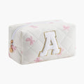 Gleyemor Personalized Initial Makeup Bag for Women, Cute Quilted Pink Floral Cotton Cosmetic Bag, Christmas Gifts for Her Mom Friend Sister Bridesmaid Teacher Women A