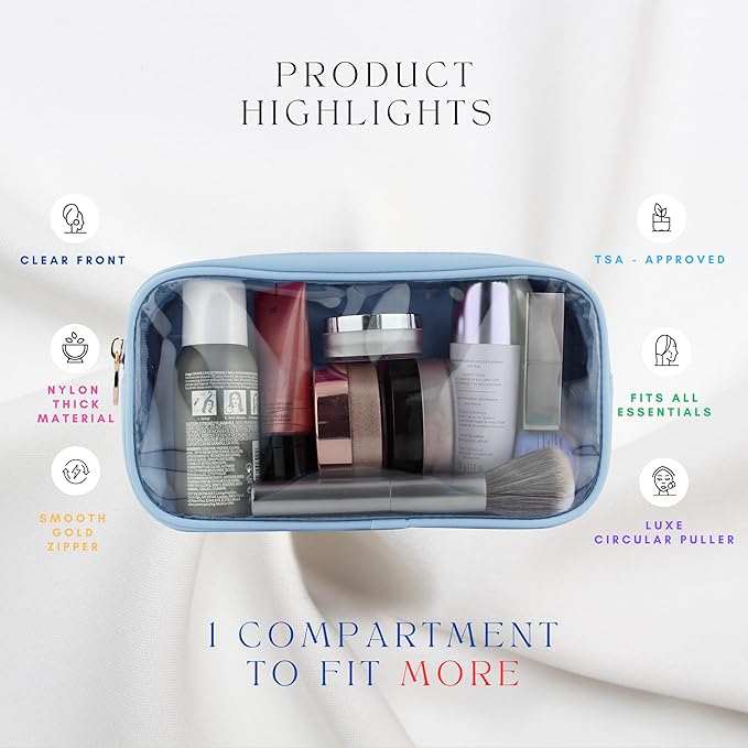 Small Clear Makeup Bag – Mini Pouch for Purse, Cosmetic Travel Case, Clear Cosmetic Bag, Light Blue Mini Makeup Bag, Compact Pouch for Purse