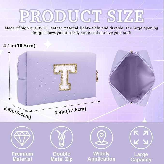 Iqimott Personalized Initial Letter Patch Makeup Bag, Preppy Small Chenille Letter Cosmetic Bag with Zipper, PU Leather Waterproof Travel Toiletry Bag Monogram Make Up Pouch for Women Girls(Letter T)