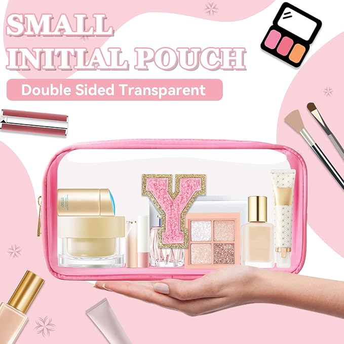 Small Clear Personalized Initial Makeup Bag, Preppy A-Z Chenille Letter Patch Cosmetic Bag, Cute Transparent Nylon Waterproof Zipper Beach Varsity Letter Pouch, Gift for Women Girls(Pink-Pink Y)