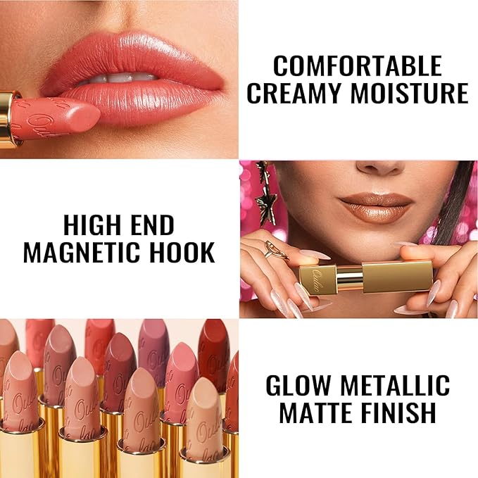 Oulac Coral Matte Lipstick with Glow Metallic Finish - Vegan Lipstick for Women, Creamy Texture, Hydrating Clean Beauty Formula, High-End Magnetic Hook Design, GM08 Enthusiasm