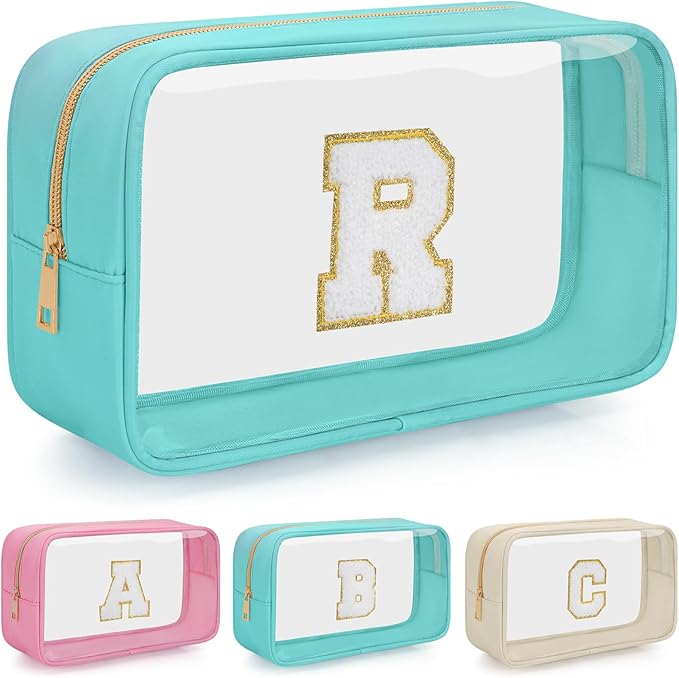 Personalized Initial Clear Makeup Bag, Travel Chenille Patch Cosmetic Bag, Preppy Toiletry Bag Monogram Cosmetic Pouch with Zipper, Ideal Gift for Teen Girls Women (Clear-Green, R)