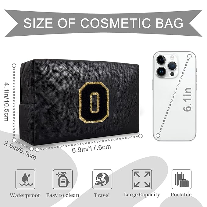 Personalized Initial A-Z Preppy Patch Makeup Bag,Small PU Chenille Letter Cosmetic Bag with Zipper for Teen Girls,Black Cute Toiletry Organizer Bag,Monogram Makeup Case Gift for Women Girls,Letter O