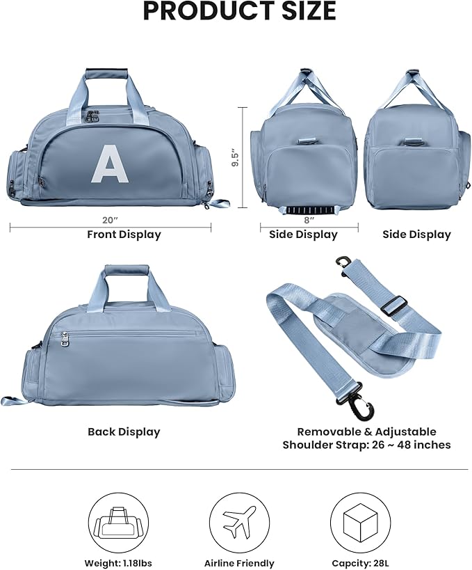 Sweet 16 Gifts for Girls, Initial Gym Bags with Shoe Compartment, Dance Bag for Girls, Monogram Kid Overnight Bags, Travel Duffle Tote-Perfect for Soccer Sport (Letter T)