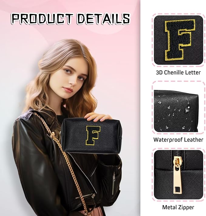 TOPEAST Preppy Small Makeup Bag, Chenille Letter Pouch Cosmetic Bag With Zipper, PU Leather Waterproof Toiletry Bag, Personalized Birthday Gift for Women, Cute Stuff for Girls (Black D)