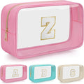 Personalized Initial Clear Makeup Bag, Travel Chenille Patch Cosmetic Bag, Preppy Toiletry Bag Monogram Cosmetic Pouch with Zipper, Ideal Gift for Teen Girls Women (Clear-Pink, Z)