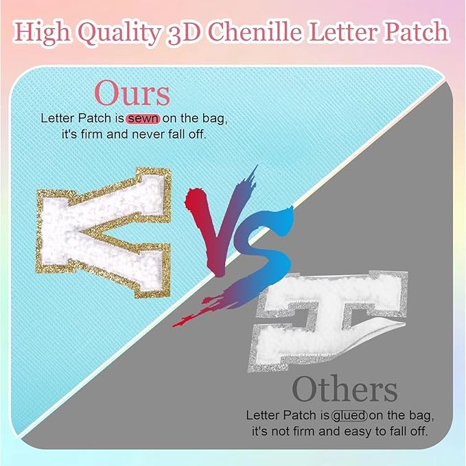 Small Personalized Letter Makeup Bag, Cute PU Leather Chenille Letters Cosmetic Bag Travel Makeup Pouch, Preppy Travel Organizer Zipper Pouch for Women&Girls（Blue-H）