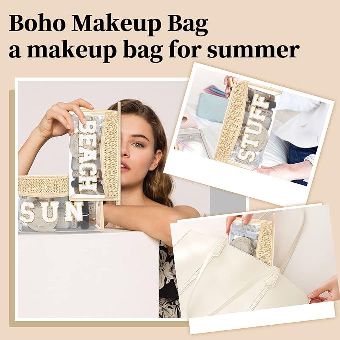 Small Boho Straw Clear Makeup Bags for Women&Girls, Zipper Cosmetic Bag Chenille Varsity Letter Patch Bag, Preppy Cute Toiletry Pouch, Trendy Organizer Storage Pouch for Beach Travel Essentials