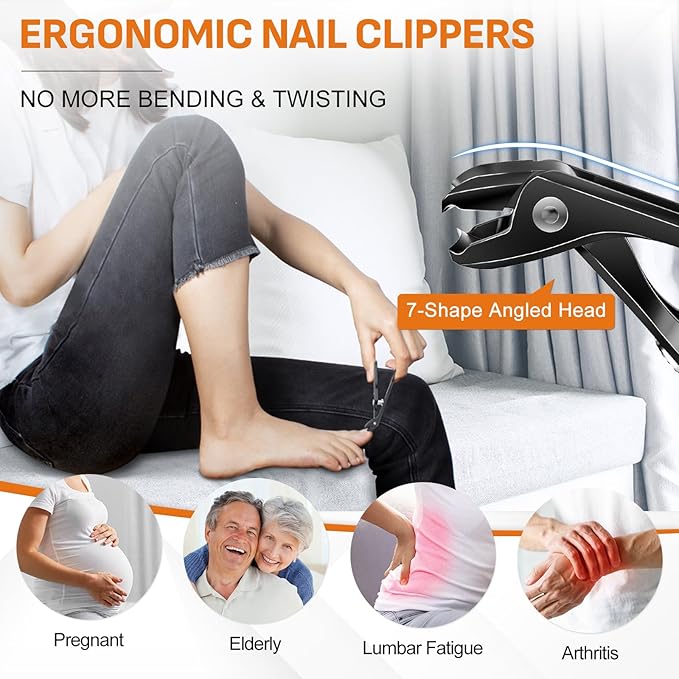 DRMODE Nail Clippers for Men Thick Nails, Angled Head Toe Nail Clippers for Thick Nails for Seniors, Wide Jaw Opening Toenail Clippers Heavy Duty Fingernail Clipper with Catcher Long Handle - Black