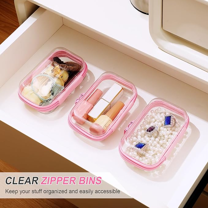 Hoolerry 3 Pcs Clear Hard Zipper Case Plastic Pouch Transparent Hard Case Clear Makeup Bag Portable Travel Organizer Bin for Cosmetics, Building Blocks, Puzzles(Pink,Xs)