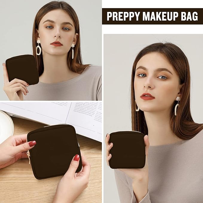 Nylon Mini Makeup Bag for Purse, Preppy Small Cute Makeup Bag Cosmetic Zipper Pouch Purse, Waterproof Travel Coin Pouch Sanitary Napkin Storage Bag Clutch Makeup Organizer Pouch for Women(Brown)