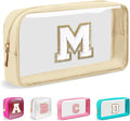 Small Clear Personalized Initial Makeup Bag,Nylon Preppy A-Z Chenille Letter Patch Cosmetic Pouch Beach Toiletry Bag,Waterproof Zipper Travel Purse Storage Bag Organizer for Women Girls(Beige-White M)