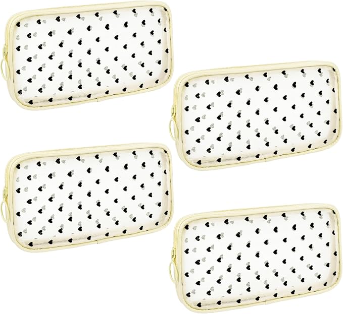 4 Pieces Mini Zipper Nylon Mesh Pouch, Mesh Cosmetic Bags Makeup Bags, Multipurpose Travel Toiletry Bags for Office Supplies and Travel Accessories (Heart Print-Beige, M)