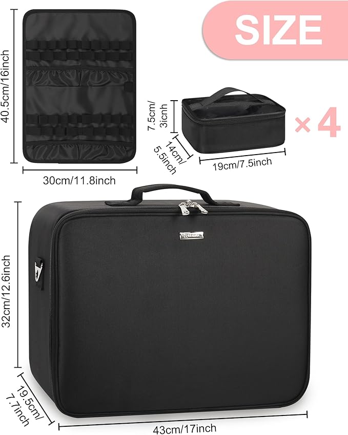 Relavel Extra Large Makeup Case and Clear Makeup Bag, Professional Cosmetic Storage Organizer Box Brush Holder with 4 Clear Set Bags & Lipstick Plate for Makeup Artists with Adjustable Dividers, Black