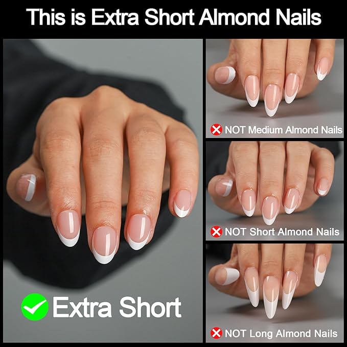 16 size white french tip almond press on nails for women,32 pcs super short petite oval nails with glue and stick ，nude french