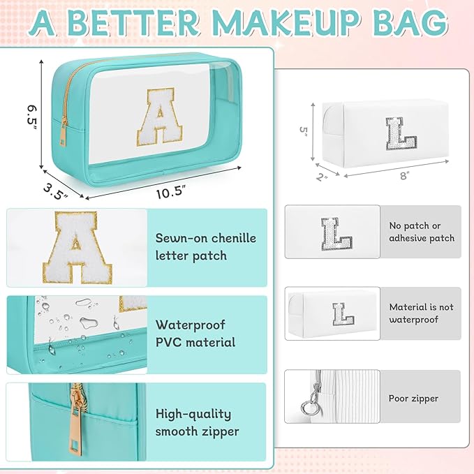Personalized Initial Clear Makeup Bag, Travel Chenille Patch Cosmetic Bag, Preppy Toiletry Bag Monogram Cosmetic Pouch with Zipper, Ideal Gift for Teen Girls Women (Clear-Green, A)
