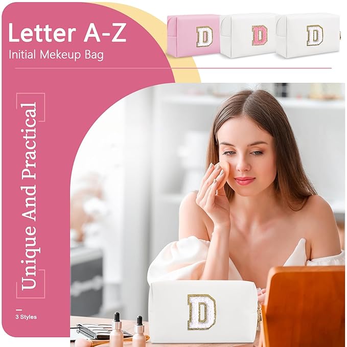 Small Personalized Initial A-Z Preppy Patch Makeup Bag,White PU Chenille Letter Travel Cosmetic Pouch with Zipper,Cute Toiletry Bag,Gift Ideal for Teen Girls Women Teacher Bridesmaid,Letter D