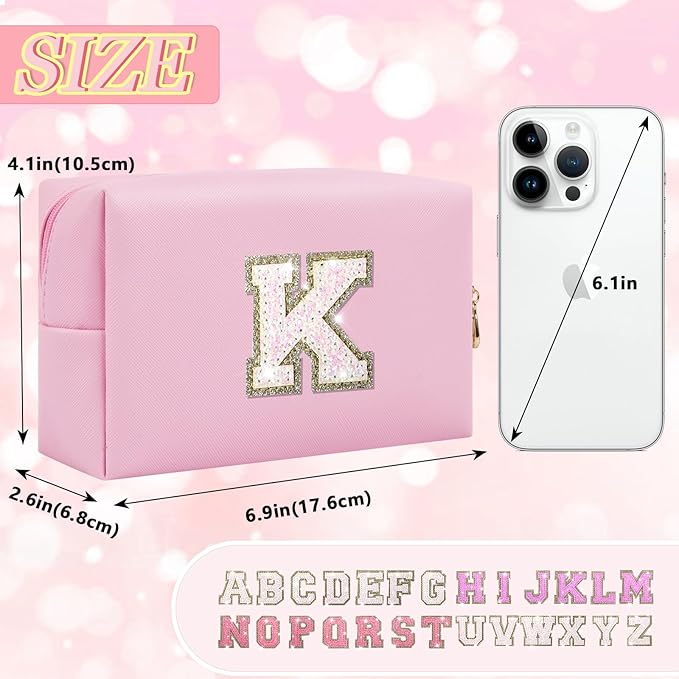 Initial Letter Patch Makeup Bag, Small Preppy A-Z Glitter Letter Cosmetic Bag, PU Leather Waterproof Travel Toiletry Bag, Cute Make Up Pouch Personalized Monogrammed Gift for Women Teen Girls
