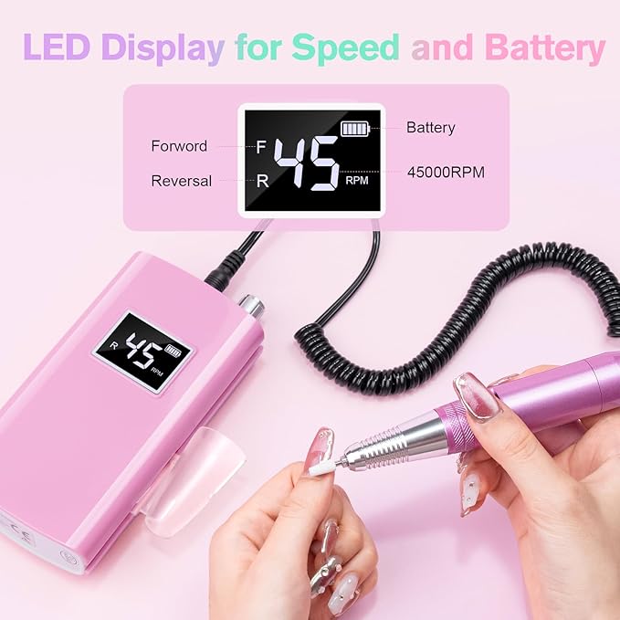 Beloving Portable Nail Drill Professional, 45000RPM Rechargeable Nail Drill Electric File Machine for Acrylic Gel Polish Remover, Cordless Nail Kit for Manicure Pedicure with 11 Bits for Salon Home