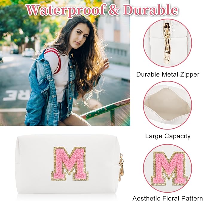 Personalized Initial Letter Patch Makeup Bag, Preppy Portable Chenille Letter Cosmetic Bag with Zipper, PU Leather Waterproof Travel Toiletry Bag Monogram Make Up Pouch for Women Girls(Letter M)