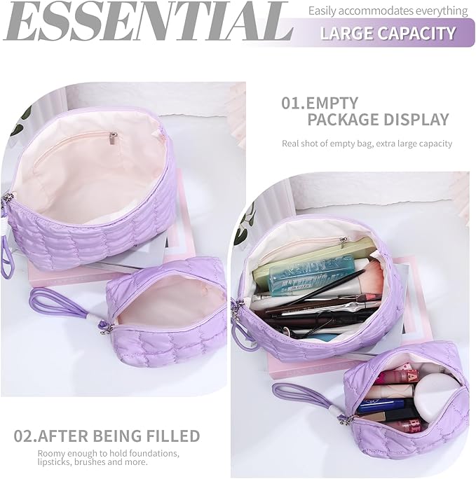 Richeart Makeup Bag Travel Toiletry Bag - Checkered Down Cotton Makeup Pouch for Women with Cosmetic and Pencil, Aesthetic Purple Design, 2 Pieces