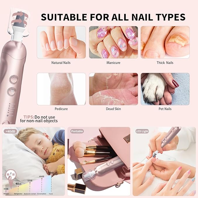Cordless Electric Nail File Set, Rechargeable Pedicure Tools for feet, Professional Manicure Pedicure Kit 5 Speeds Hand Foot Care Nail Drill for Thick Nail Toenail Cuticle Women Men Pets