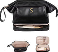 Personalized Gifts, Initial Makeup Bag, Personalized Double Layer Cosmetic Bag with Makeup Brush Organizer, Large Capacity PU Leather Travel Toiletry Bag Bride Gifts, Bridal Party Gifts