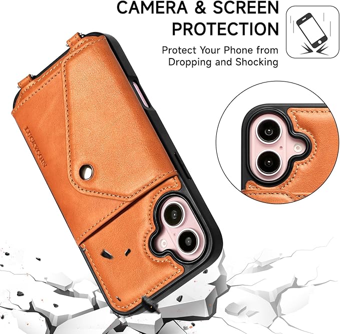 LUCKYCOIN Crossbody Wallet Phone Case for iPhone 16,100% Genuine Leather Wallet Phone Case with Expandable Flip Card Holder,Phone Purse for Women with Adjustable Removable Strap - Tan