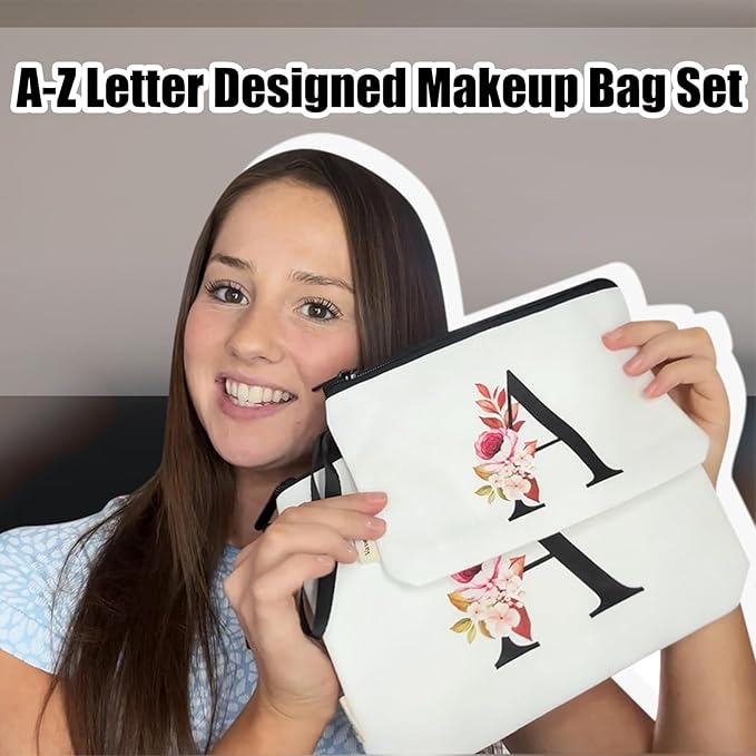 Vavabox A-Z Personalized Makeup Bag, Birthday Gifts for Women Mom, Gifts for Best Friend, Bride Bridesmaid Cosmetic bag (I, 03-White Set)