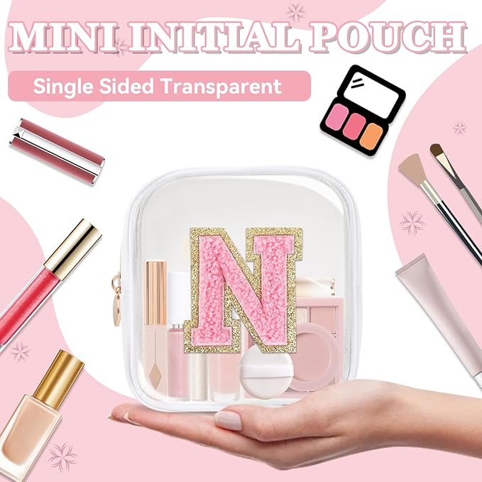 Mini Clear Personalized Initial Makeup Bag,Nylon Preppy A-Z Chenille Letter Patch Zipper Cosmetic Bag, Small Cute Beach Pouch Travel Purse Sanitary Napkin Storage Bag for Women Girls(White-Pink H)