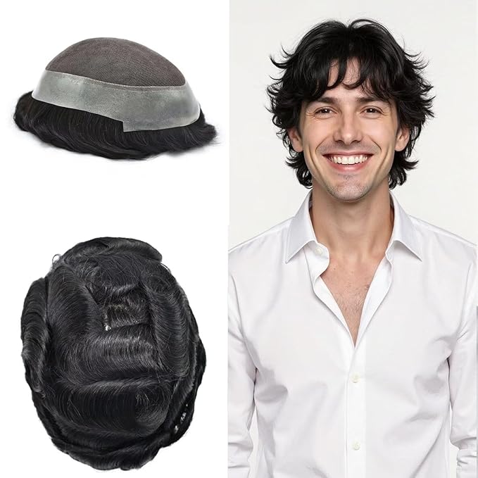 FACE MIRACLE Mens Toupee Lace Front Hairpieces Soft Human Hair Replacement System Natural Hairline Toupee for Men French Lace Poly V-Looped Mens hair Units 5"X7" 1#JET BLACK