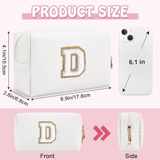 Personalized Chenille Letter Preppy Makeup Bag, Mini Cute White Travel Cosmetic Bag Initial Toiletry Zipper Pouch Monogram Makeup Bag, Waterproof Makeup Case Travel Essentials for Women Girl(Letter D)