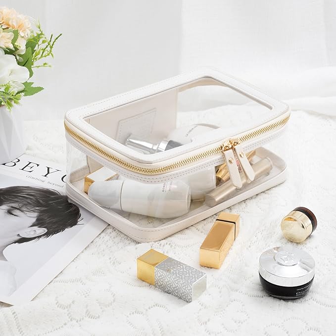 Aveniee Clear Makeup Bag, Large Transparent Cosmetic Pouch with Dual Zippers, Travel Toiletry Case Car Organization for Women Enssantials (Off-White)