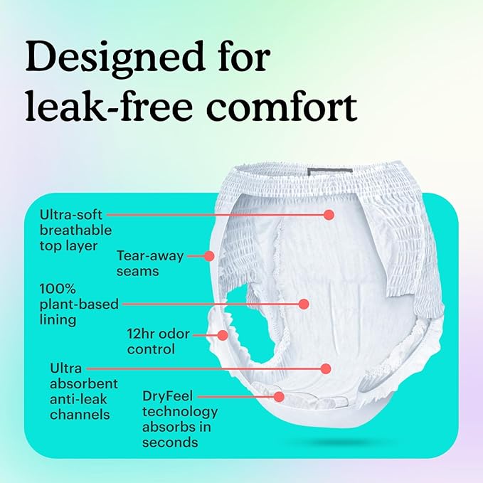 Because Adult Incontinence Underwear for Sensitive Skin - Women - Premium Overnight Disposable Briefs, Anti Odor - White, Large - Absorbs 6 Cups - 14 Count (Pack of 1)