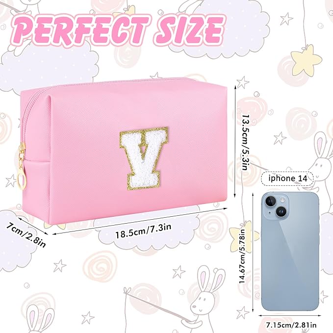 Initial Makeup Bag Personalized Preppy Travel Small Cosmetic Bag Cute PU Pink Chenille Letter Makeup Pouch for Purse Waterproof Zippered Toiletry Organizer for Women Girls Kids Friends (V)