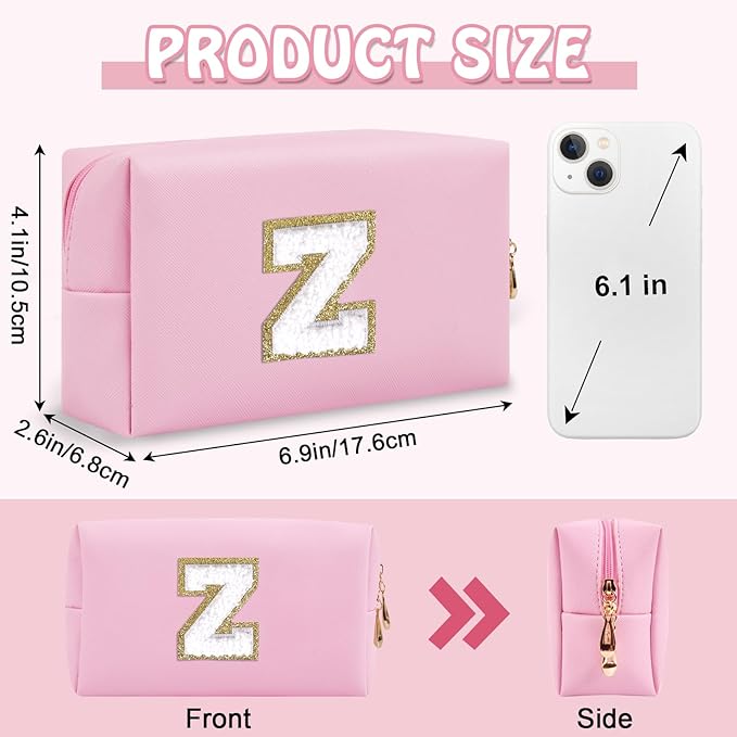 Small Initial Preppy Makeup Bag, Personalized Cute Pink Cosmetic Organizer Chenille Letter Travel Toiletry Zipper Pouch, Waterproof PU Make Up Case Birthday Gifts for Women Best Friend Mom(Letter Z)