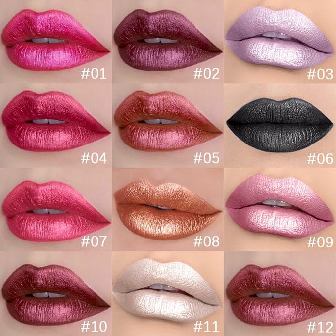 evpct 1Pcs Sexy Red Metallic Glitter Lip Gloss Stain Lipstick for Women Long Lasting Waterproof 24, Ruby Red Frosted Metallic Shimmer Glossy Chrome iridescent Liquid Lipstick Lip Gloss Makeup 04