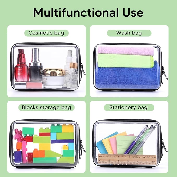 2PCS Zippered Hard Pouch Double,Portable Waterproof Cosmetic Bag with Zipper,Toy Storage Organizer Bins,Hard Plastic Case,Clear Zipper Bags for Organizing,Pencil Case (7.5+7inch)