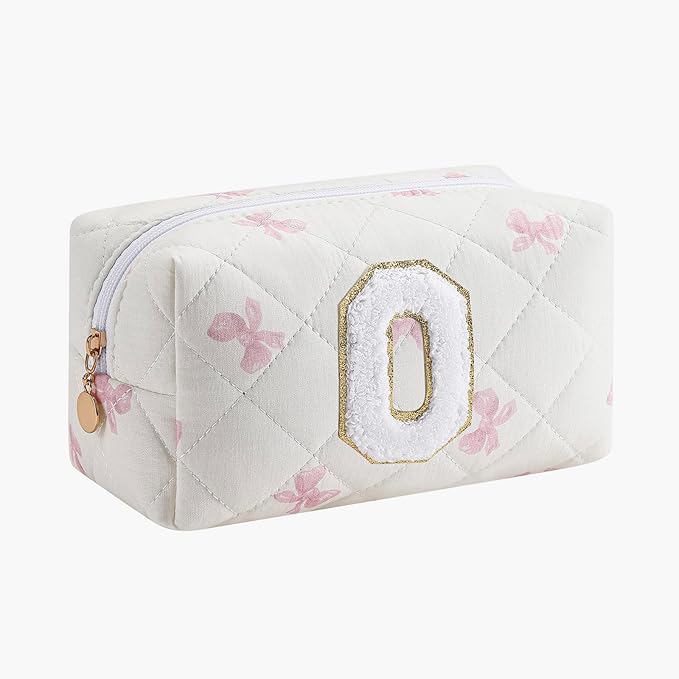 Gleyemor Personalized Initial Makeup Bag for Women, Cute Quilted Pink Floral Cotton Cosmetic Bag, Christmas Gifts for Her Mom Friend Sister Bridesmaid Teacher Women O