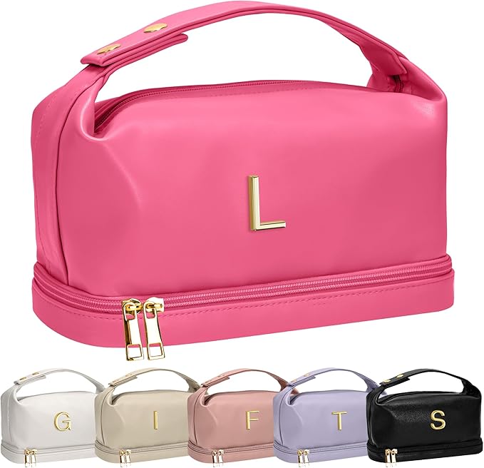 Personalized Gifts for Female, Makeup Bag with Handle, Initial Double Layer Cosmetic Bag with Makeup Brush Organizer, Cute Cosmetic Pouch for Women, Gifts for Friends Female Granddaughter