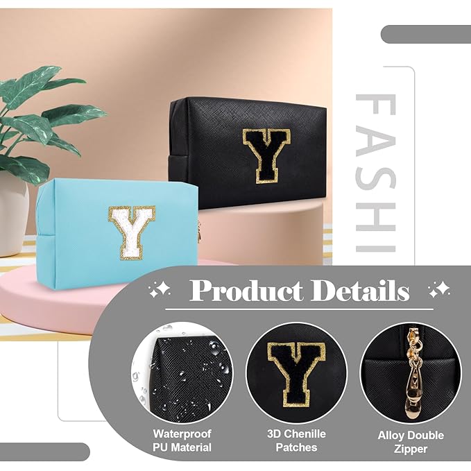 Personalized Initial A-Z Preppy Patch Makeup Bag,Small PU Chenille Letter Cosmetic Bag with Zipper for Teen Girls,Black Cute Toiletry Organizer Bag,Monogram Makeup Case Gift for Women Girls,Letter Y