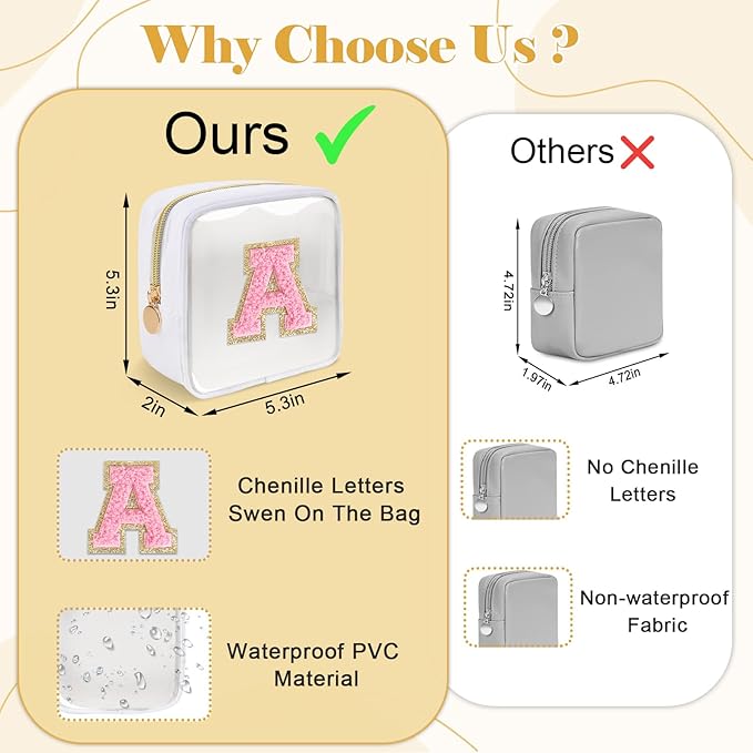Personalized Initial Letter Clear Preppy Makeup Bag,Mini Nylon Chenille Letter Cosmetic Bag Cute Zipper Pouch Purse for Teen Girls,Portable TSA Approved Beach Travel Essentials Bag Gift for Women,R